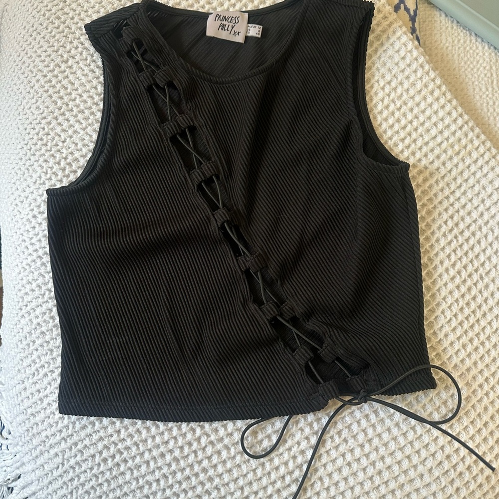 Princess Polly Black Ribbed Tank with Lace-Up Detail